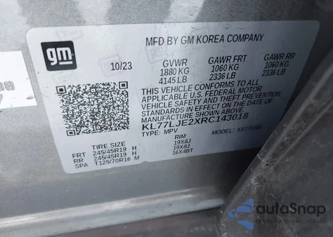 2024 Chevrolet Trax Fwd 2Rs из США, поврежденный, VIN KL77LJE2XRC143018